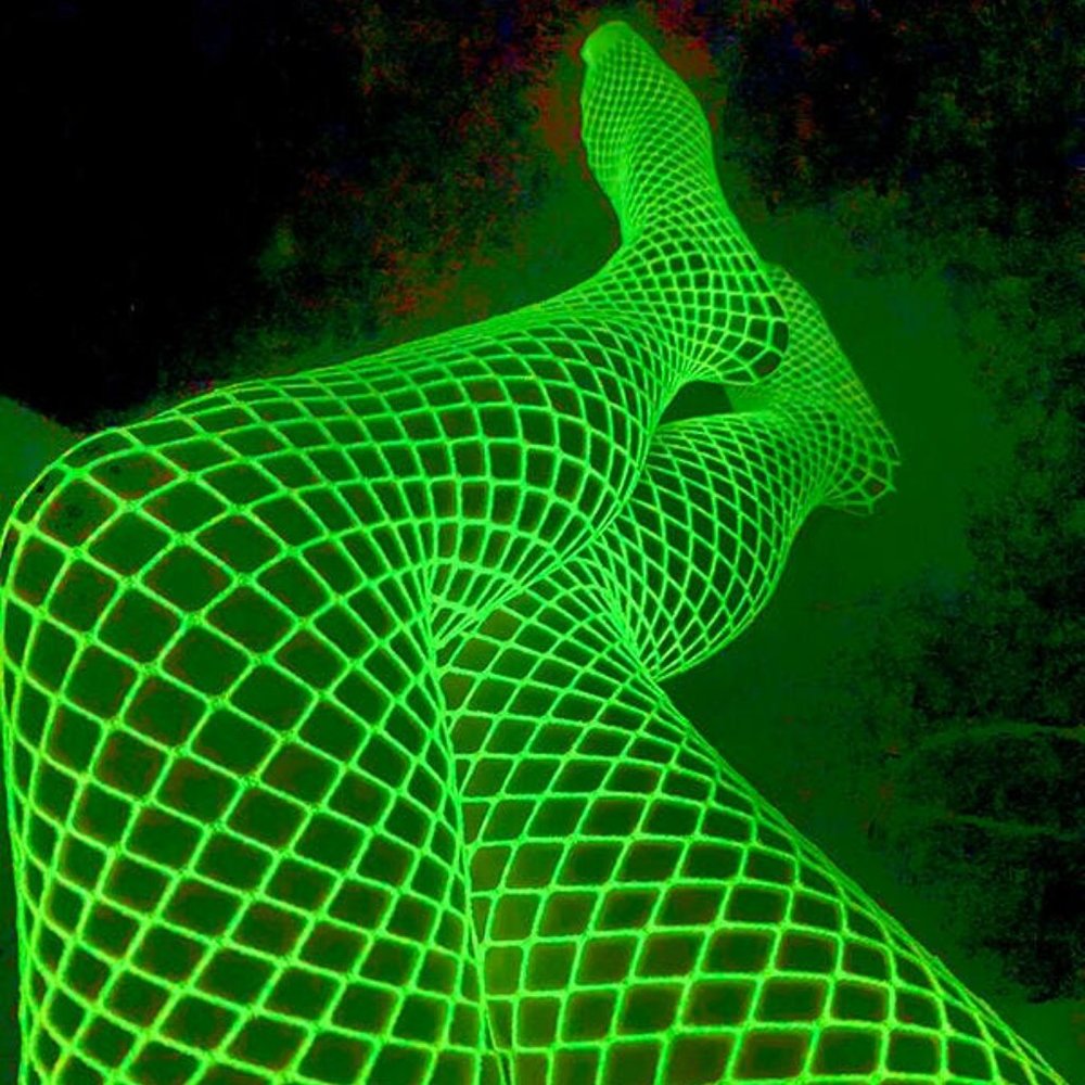 Green Fishnets UV Blacklight Reactive Neon Glow in the Dark tights rave set